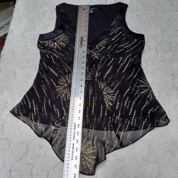 Alfani Petite Women 10P Silk Black Gold Sequin Blouse & Flared Skirt Set 2-Piece - Picture 6 of 12